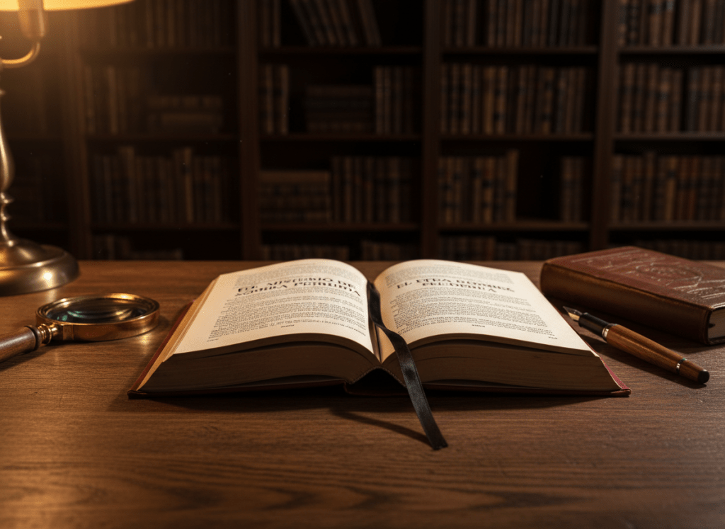 A meticulously arranged wooden writer’s desk in a dimly lit study, featuring an open hardcover mystery novel in Spanish at the center, its cream pages slightly curled and a thin black ribbon marking a chapter. Around it, a fountain pen with a dark metal nib, a closed leather notebook, and a brass magnifying glass rest on the textured surface. Tall bookcases line the blurred background, filled with dark-spined thrillers. Warm, directional lamplight from the left creates dramatic chiaroscuro shadows, emphasizing the ink on the pages. Photographic realism, eye-level composition with shallow depth of field focuses on the novel, evoking a sophisticated, intriguing atmosphere suitable for a literary portfolio homepage.